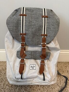 Herschel Supply Company Gray and Cream Canvas Backpack with Brown Trim